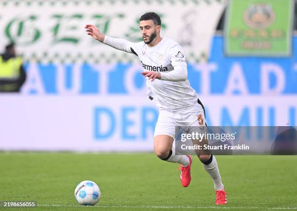 Mario Hermoso of Leverkusen in action during the Bundesliga match between VfL Wolfsburg and Bayer 04 Leverkusen at Volkswagen Arena on February 08,...
