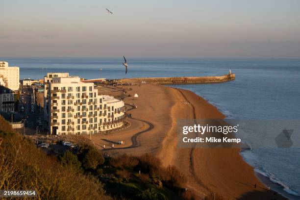 Coastal view looking out over Folkestone Beach and the English Channel on 1st February 2025 in Folkestone, United Kingdom. Folkestone is a port town...
