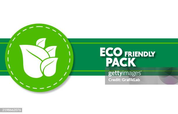 eco friendly pack label with leaf symbol on green background - biodegradable packaging stock illustrations