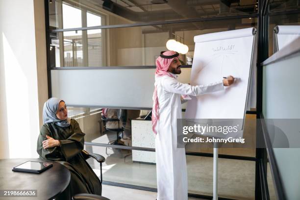 joven hombre de negocios de oriente medio escribiendo en rotafolio y explicando a una colega - árabes fotografías e imágenes de stock