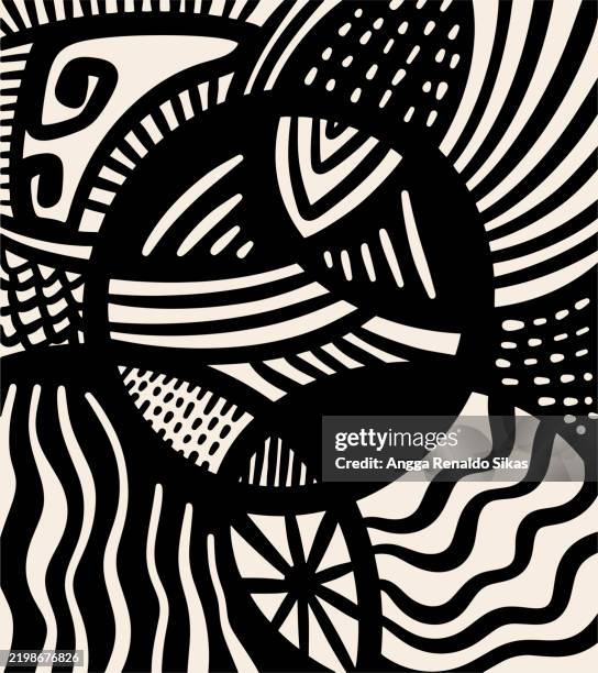 abstract modern tribal pattern art with wavy lines, dots, circle, stripe graphics for poster, t shirt, cards and various print products - tribal pattern stock illustrations