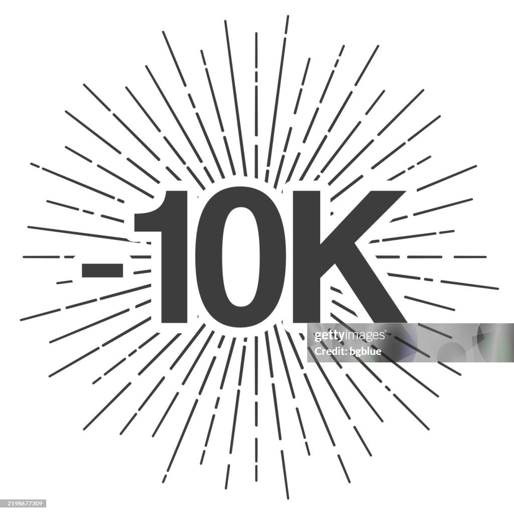 -10K, -10000, Minus ten thousand. Icon with sunbursts on white background