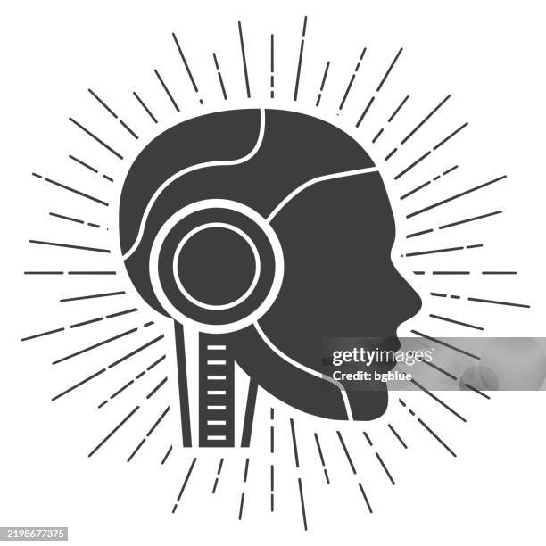 robot head in profile. icon with sunbursts on white background - robot head side stock illustrations