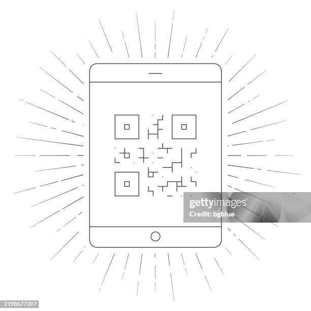 tablet pc with qr code. line icon with sunbursts on white background - looking at data on tablet stock illustrations