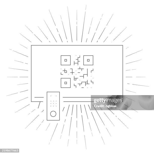 tv with qr code. line icon with sunbursts on white background - screen reader software stock illustrations