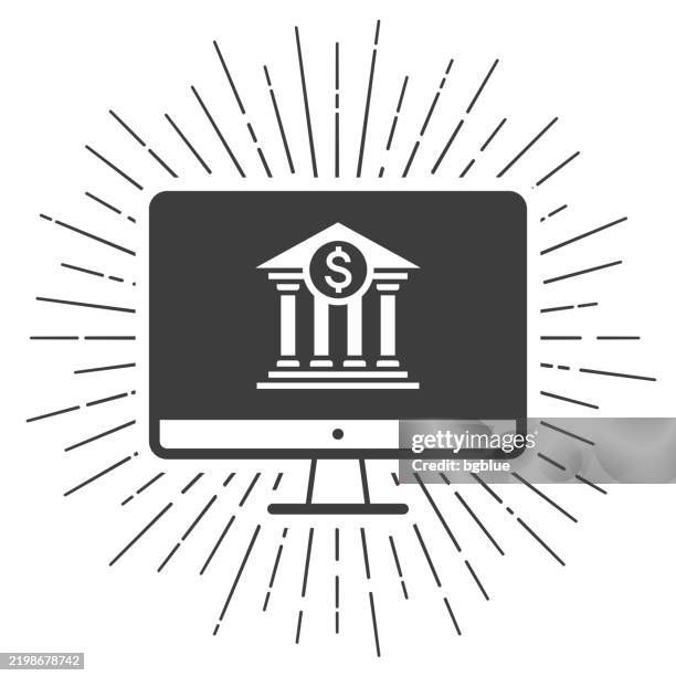 desktop computer with bank. icon with sunbursts on white background - sun pillar stock illustrations