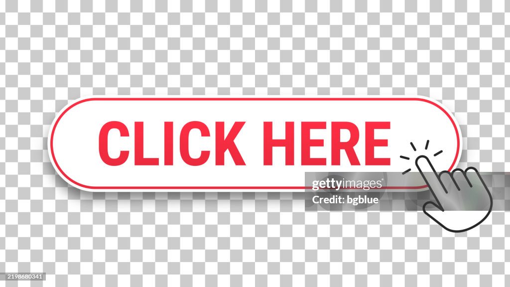 Click Here - 3D click web button with hand cursor on blank background