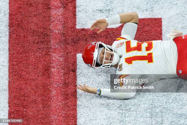 Patrick Mahomes of the Kansas City Chiefs reacts in the fourth quarter against the Philadelphia Eagles during Super Bowl LIX at Caesars Superdome on...