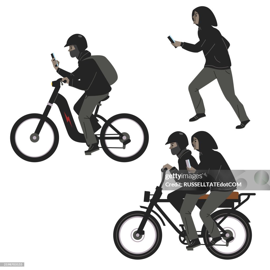 Hooded Smartphone thieves with hidden faces running and driving E-Bikes. Side view on white background