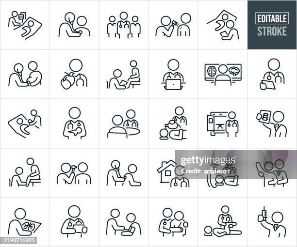 ilustraciones, imágenes clip art, dibujos animados e iconos de stock de médicos y médicos iconos de línea fina - trazo editable - los iconos incluyen doctores, médicos, cirujanos, profesionales médicos, cuidado de la salud, paciente, persona, enfermedad, lesión, profesionales médicos, consultorio médico, examen médico - radiólogo