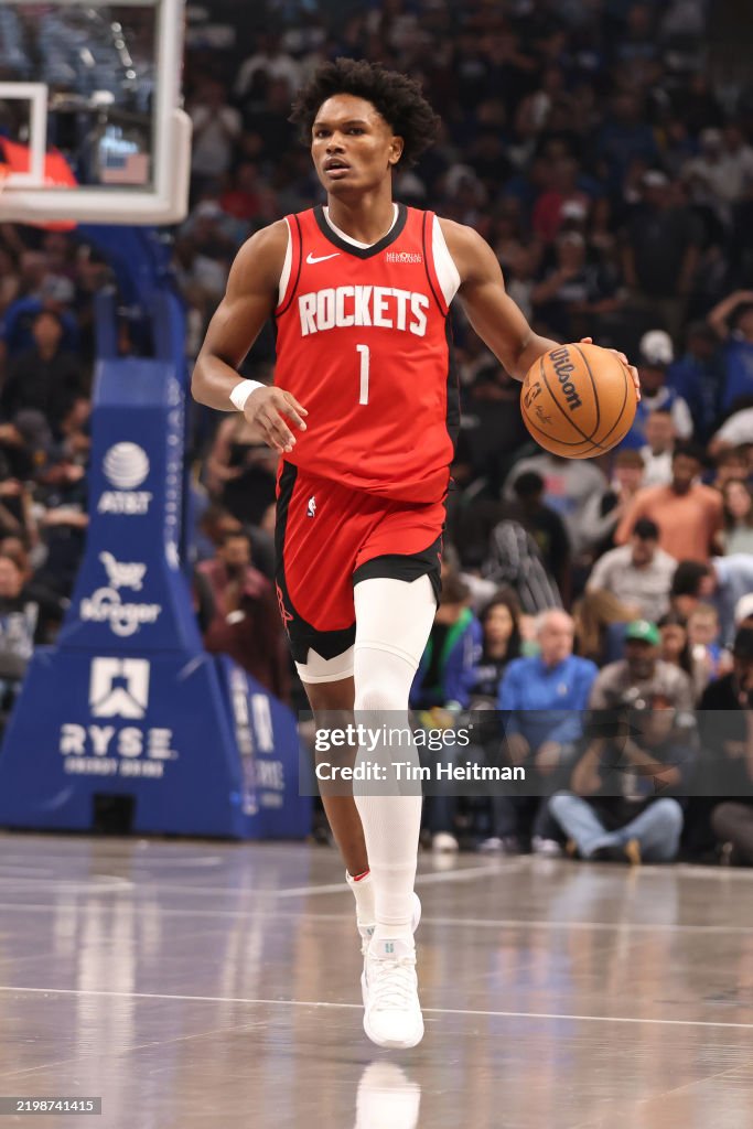 Houston Rockets Thompson Amen Thompson of the Houston Rockets dribbles the ball against the ...