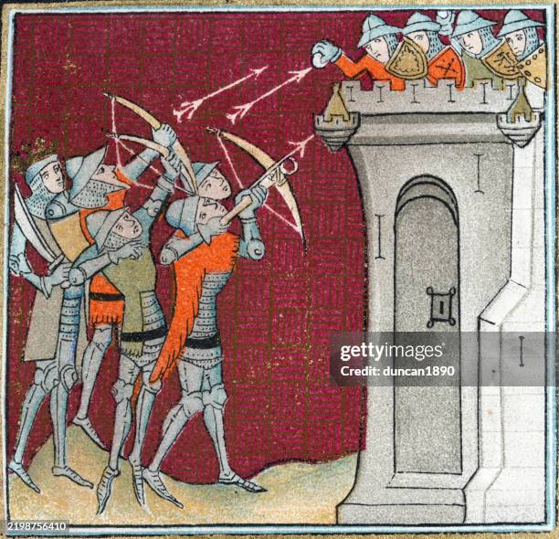 ilustraciones, imágenes clip art, dibujos animados e iconos de stock de historia militar medieval, asedio de jerusalén, caballeros disparando ballesta y arco largo, defensores lanzando piedras desde las almenas, según una ilustración del siglo xiv - medieval