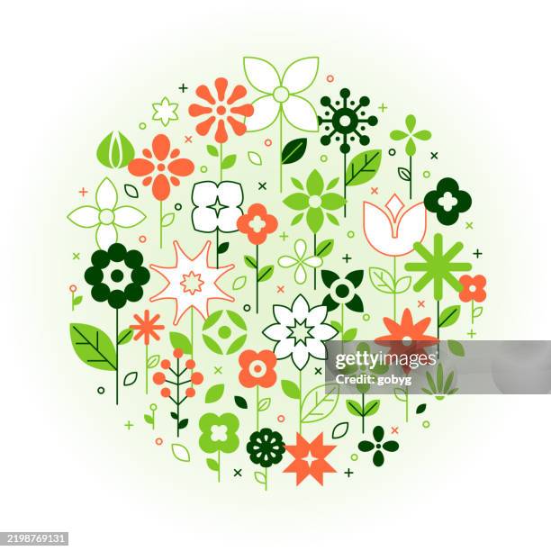 abstract geometric flowers arranged in a circle background - wild flower pattern stock illustrations