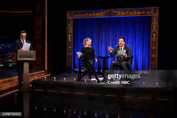 Episode 2096 -- Pictured: Announcer Steve Higgins, actress Renée Zellweger, and host Jimmy Fallon during "Kid Theater" on Thursday, February 13, 2025...