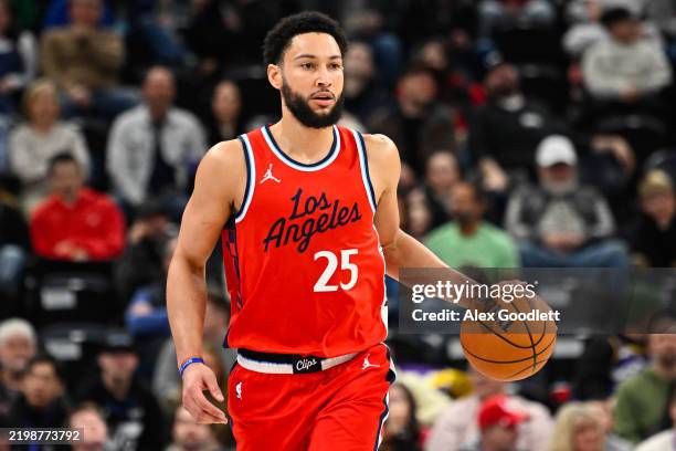 Ben Simmons of the LA Clippers handles the ball during the first half of a game against the Utah Jazz at Delta Center on February 13, 2025 in Salt...