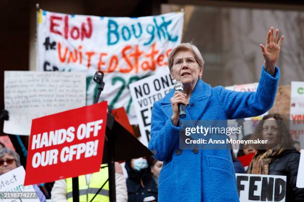 Sen. Elizabeth Warren speaks at a rally outside the Consumer Financial Protection Bureau on February 10, 2025 in Washington, DC. Lawmakers, federal...