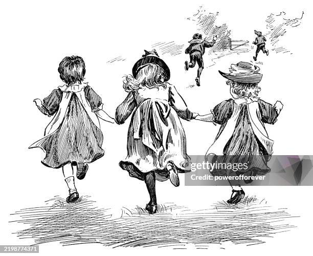 children running outside to play - 19th century - etching stock illustrations
