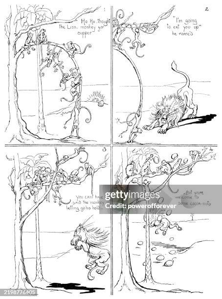 lion attacking monkeys comic strip - 19th century - missing cat stock illustrations