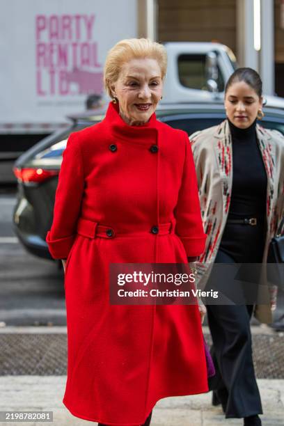 Carolina Herrera wears red coat outside Carolina Herrera during New York Fashion Week on February 10, 2025 in New York City.