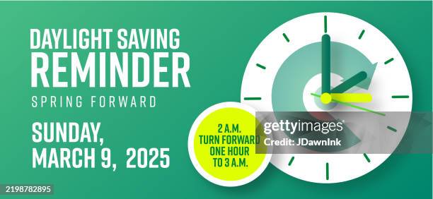 sommerzeit endet frühling vorwärts märz web-banner-design-vorlage mit uhr und kalender datum stellen uhren eine stunde vor - zeitumstellung stock-grafiken, -clipart, -cartoons und -symbole