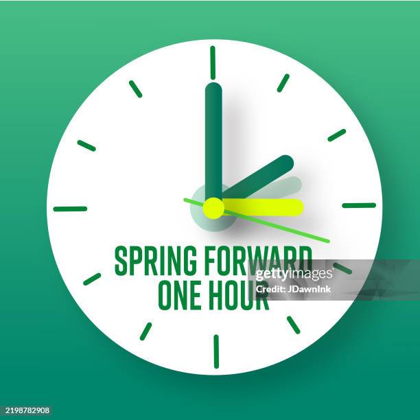 daylight saving time ends spring forward march web banner design template with clock and calendar date set clocks forward one hour - daylight-saving-time stock illustrations