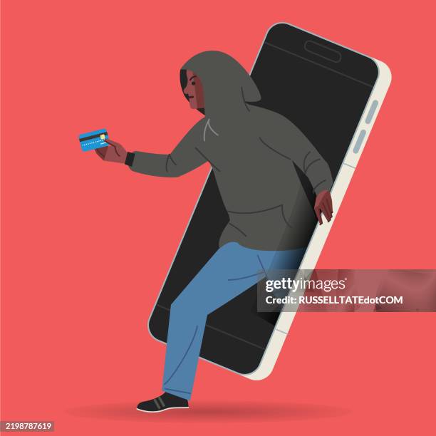 illustrations, cliparts, dessins animés et icônes de pirate de téléphone sortant de l’écran d’un smartphone avec une carte de crédit volée - malfaiteur