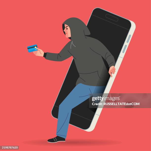 white male phone hacker stepping out of a smartphone screen with a stolen credit, debit or payment card - stepping stock illustrations