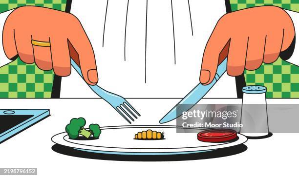 illustrazioni stock, clip art, cartoni animati e icone di tendenza di uomo che mangia un verme nell'illustrazione del ristorante - baco