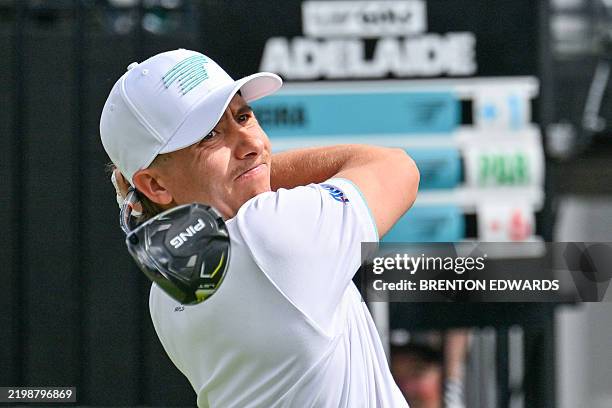 Mexico's Carlos Ortiz tees off on the first day of the LIV Golf Adelaide at the Grange Golf Club in Adelaide on February 14, 2025. / -- IMAGE...