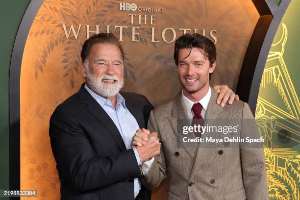 Arnold Schwarzenegger and Patrick Schwarzenegger arrive at the Los Angeles Premiere Of HBO Original Series "The White Lotus" Season 3 at Paramount...