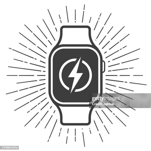 smartwatch with electricity symbol. icon with sunbursts on white background - energy storage stock illustrations