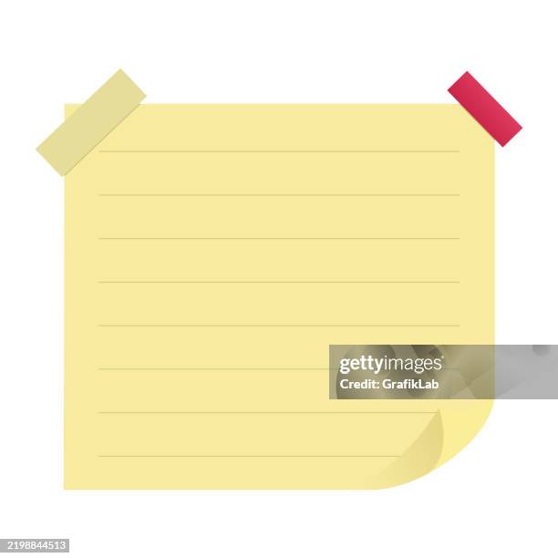 yellow lined sticky note with tape on white background - glue stick white background stock illustrations