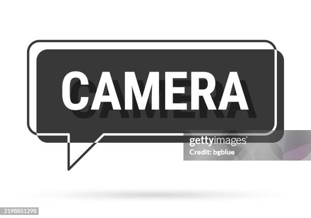 camera - 3d black speech bubble on white background - webcam view stock illustrations
