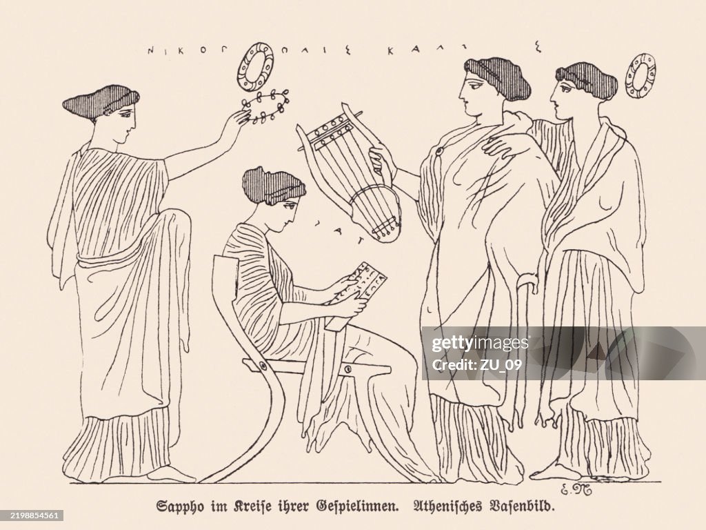 Sappho, ancient Greek poet, Athenian vase painting, woodcut, published 1895
