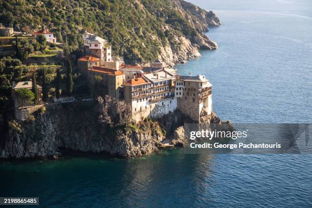 grigoriou monastery on mount athos, greece - monastery stock pictures, royalty-free photos & images