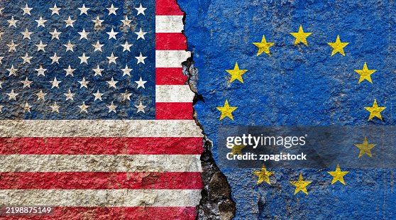 American and European Union Flag on Cracked Surface: US-EU Relations: Tensions, Transatlantic Ties, Trade, and Geopolitics Crisis American and European Union Flag on Cracked Surface: US-EU Relations: Tensions, Transatlantic Ties, Trade, and Geopolitics Crisis