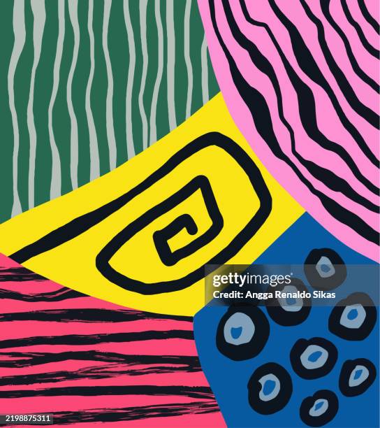 abstract colorful collage pattern art with geometric shapes, striped and wavy lines graphics for poster, t shirt, cards and various print products - nature patterns top stock illustrations