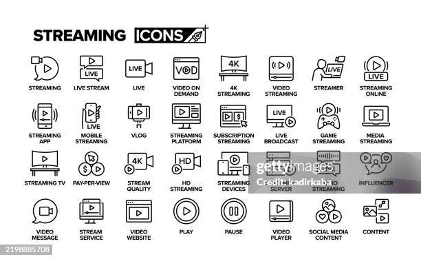 illustrazioni stock, clip art, cartoni animati e icone di tendenza di set di icone della linea di streaming. gruppo di oggetti. streaming live, live, streamer, streaming di giochi, vlog, abbonamento. - video on demand