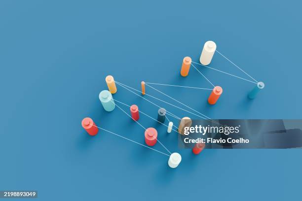 3d network of connected nodes - exchanging information stock pictures, royalty-free photos & images