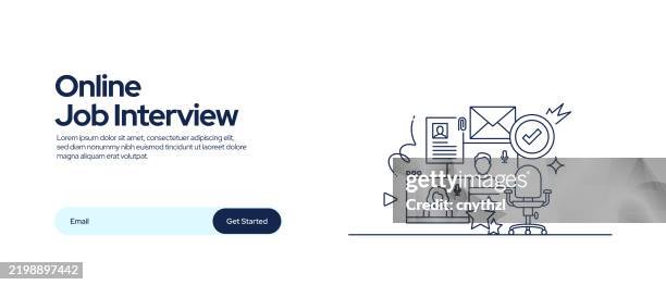stockillustraties, clipart, cartoons en iconen met vector set of illustration online job interview concept. line art style background design for web page, banner, poster, print etc. vector illustration. - sollicitatiegesprek