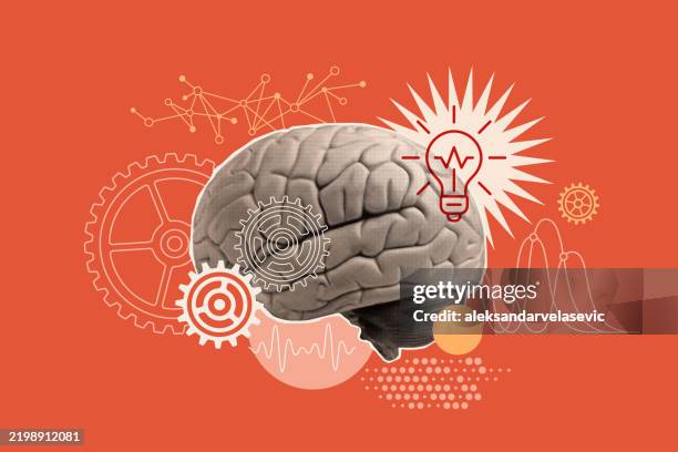 ilustraciones, imágenes clip art, dibujos animados e iconos de stock de concepto de poder del cerebro de la mente pensante - montaje imagen compuesta