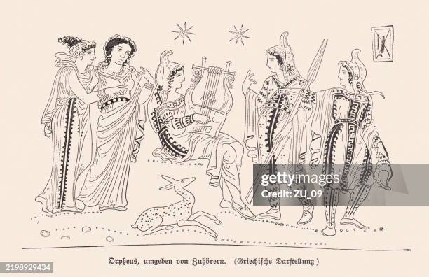 orpheus surrounded by listeners, wood engraving, published in 1895 - lyre stock illustrations