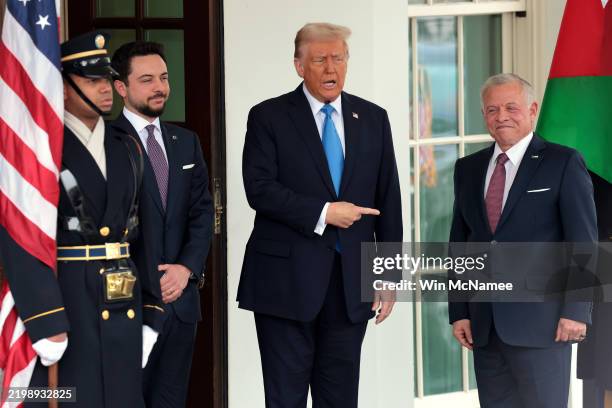 President Donald Trump greets Jordan's King Abdullah II bin Al-Hussein and Crown Prince of Jordan Hussein bin Abdullah as he arrives at the White...