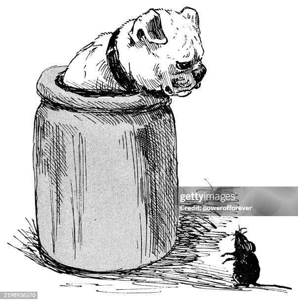mouse encounters a pug dog inside a jar - 19th century - dogs playing inside stock illustrations
