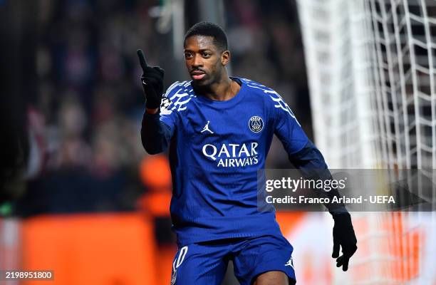 Ousmane Dembele of Paris Saint-Germain celebrates scoring his team's third goal during the UEFA Champions League 2024/25 League Knockout Play-off...