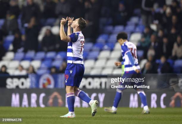 Jayden Wareham of Reading celebrates scoring his sides first goal during the Sky Bet League One match between Reading FC and Shrewsbury Town FC at...