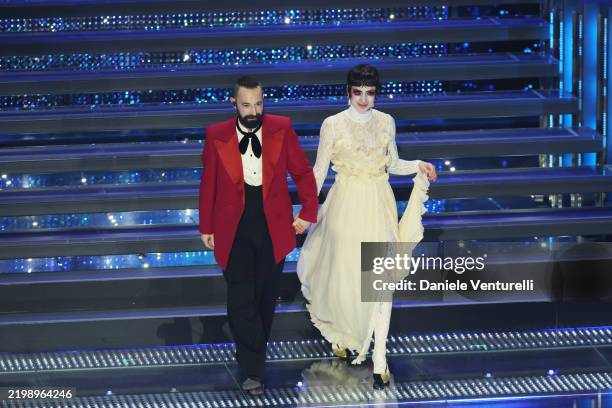 Fausto Lama and California of Coma Cose attend the 75th Sanremo Music Festival 2025 at Teatro Ariston on February 11, 2025 in Sanremo, Italy.