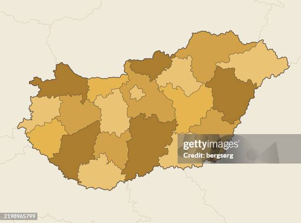 hochdetaillierte ungarn karte mit regionen und landesgrenzen von slowakei, rumänien, ukraine, österreich, slowenien, kroatien, serbien, tschechien - ungarn stock-grafiken, -clipart, -cartoons und -symbole