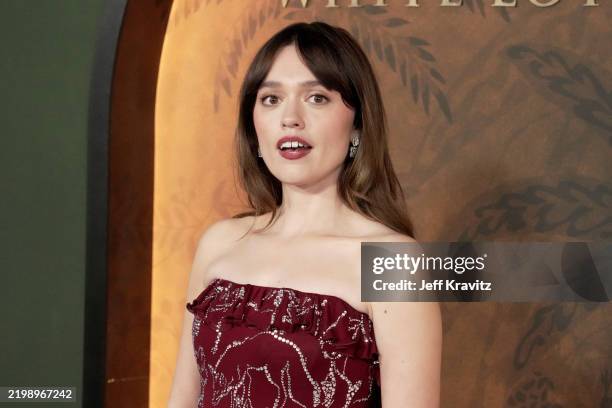 Aimee Lou Wood attends the world premiere of "The White Lotus" Season 3 at Paramount Studios on February 10, 2025 in Los Angeles, California.