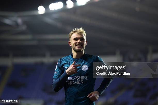 Taylor Perry of Shrewsbury Town celebrates after he scores his sides first goal during the Sky Bet League One match between Reading FC and Shrewsbury...